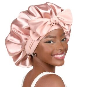 Pink Satin Hair Bonnet with Bow